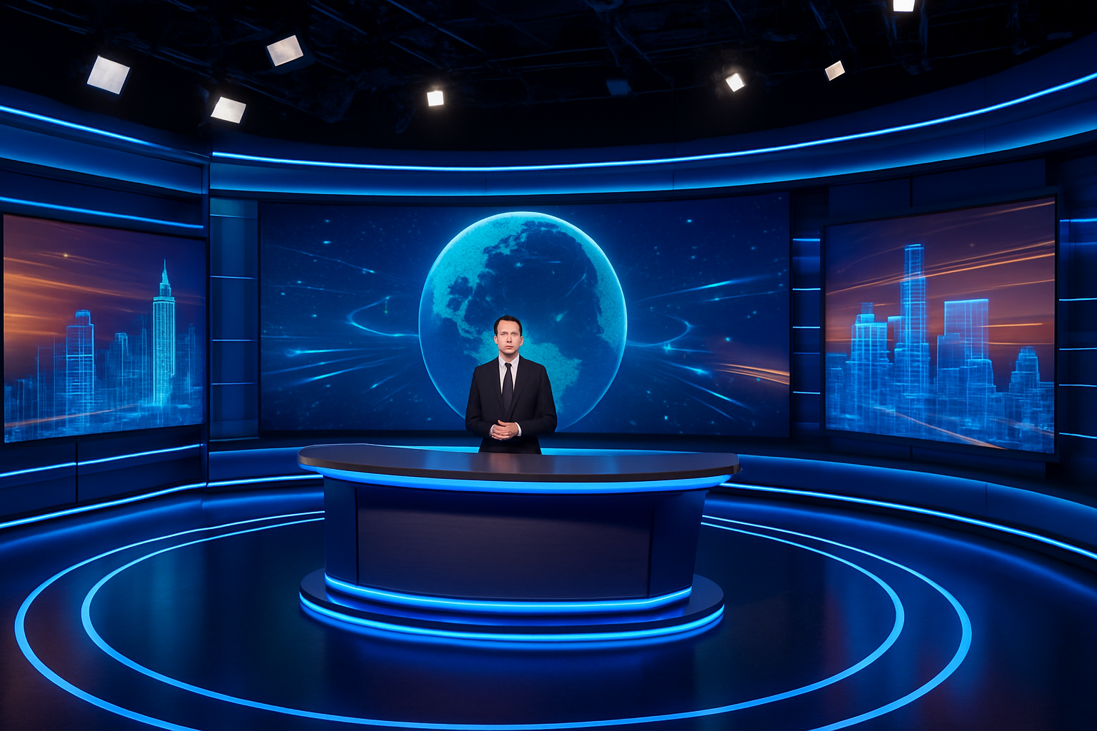 Virtual set design showcasing real-time 3D visuals for a television studio